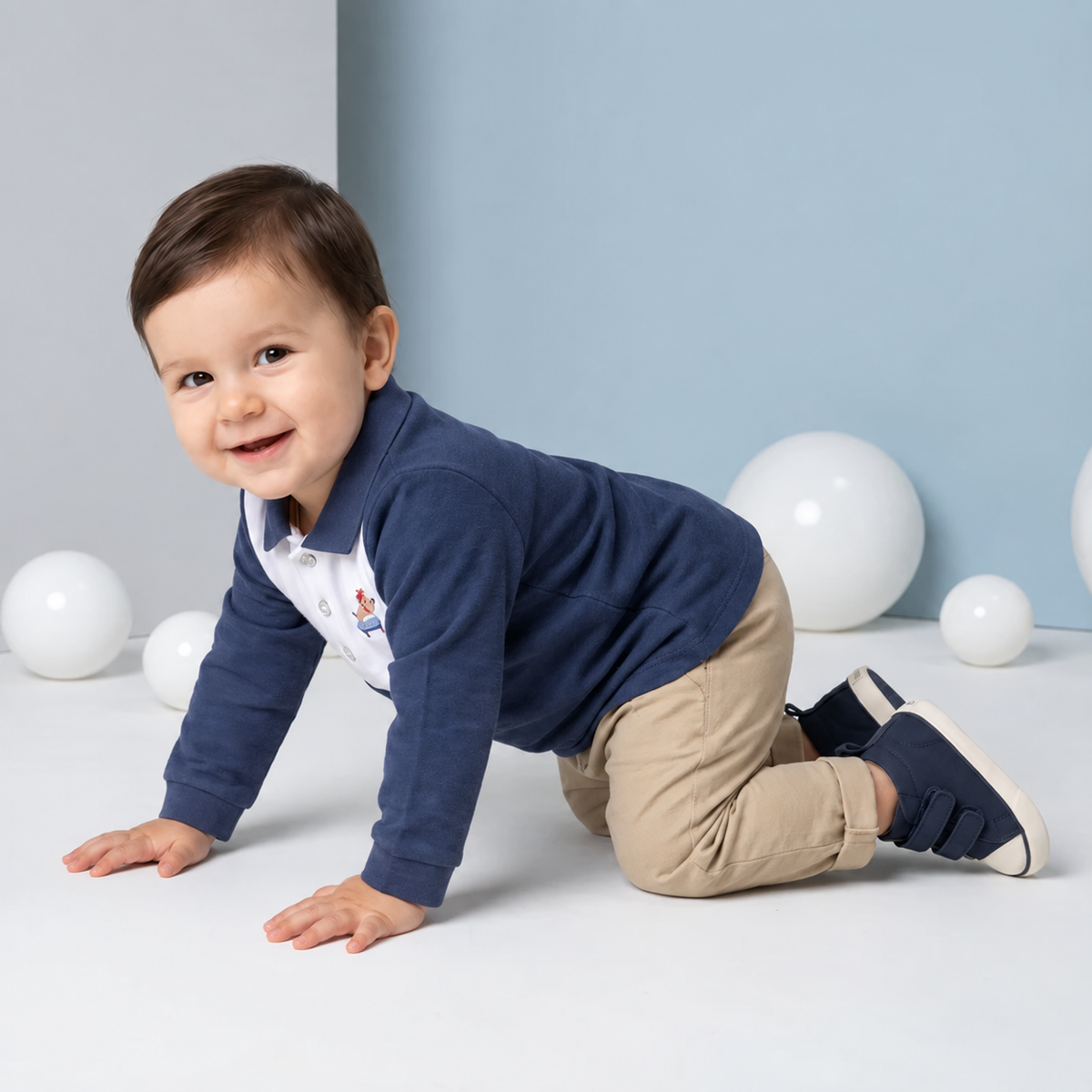 Baby Boys Colourblock Embroidered Polo T-Shirt, Navy Blue & White