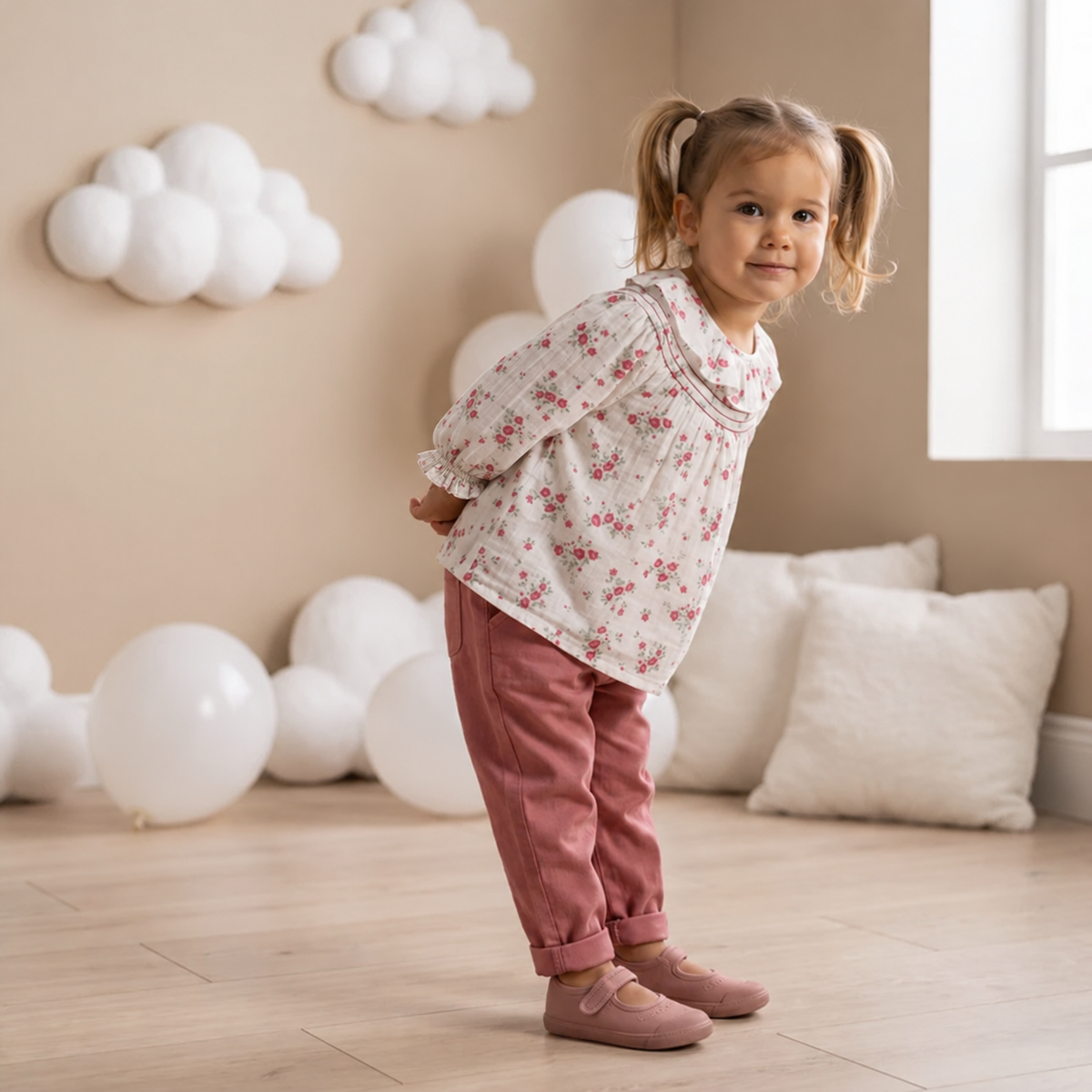 Baby Girls Floral Printed Ruffle Collar Top, Cream
