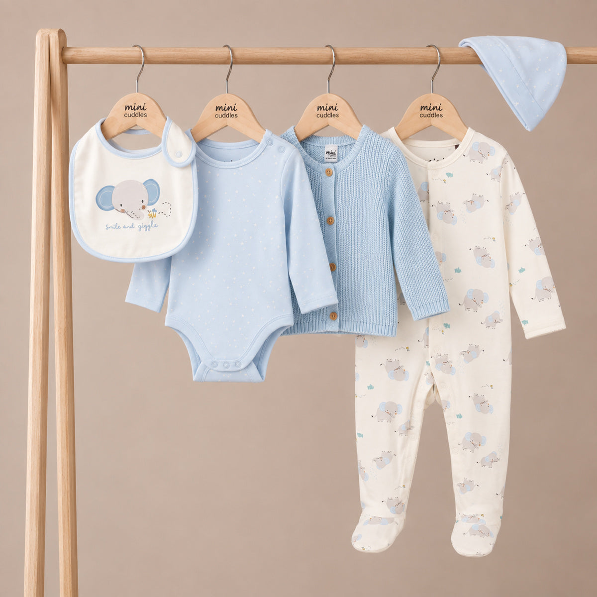 Elephant-Print Gift Set with Cardigan (Blue & White), 5-Piece