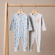 Teddy-Print Sleepsuit (Blue & Grey), 2Pack