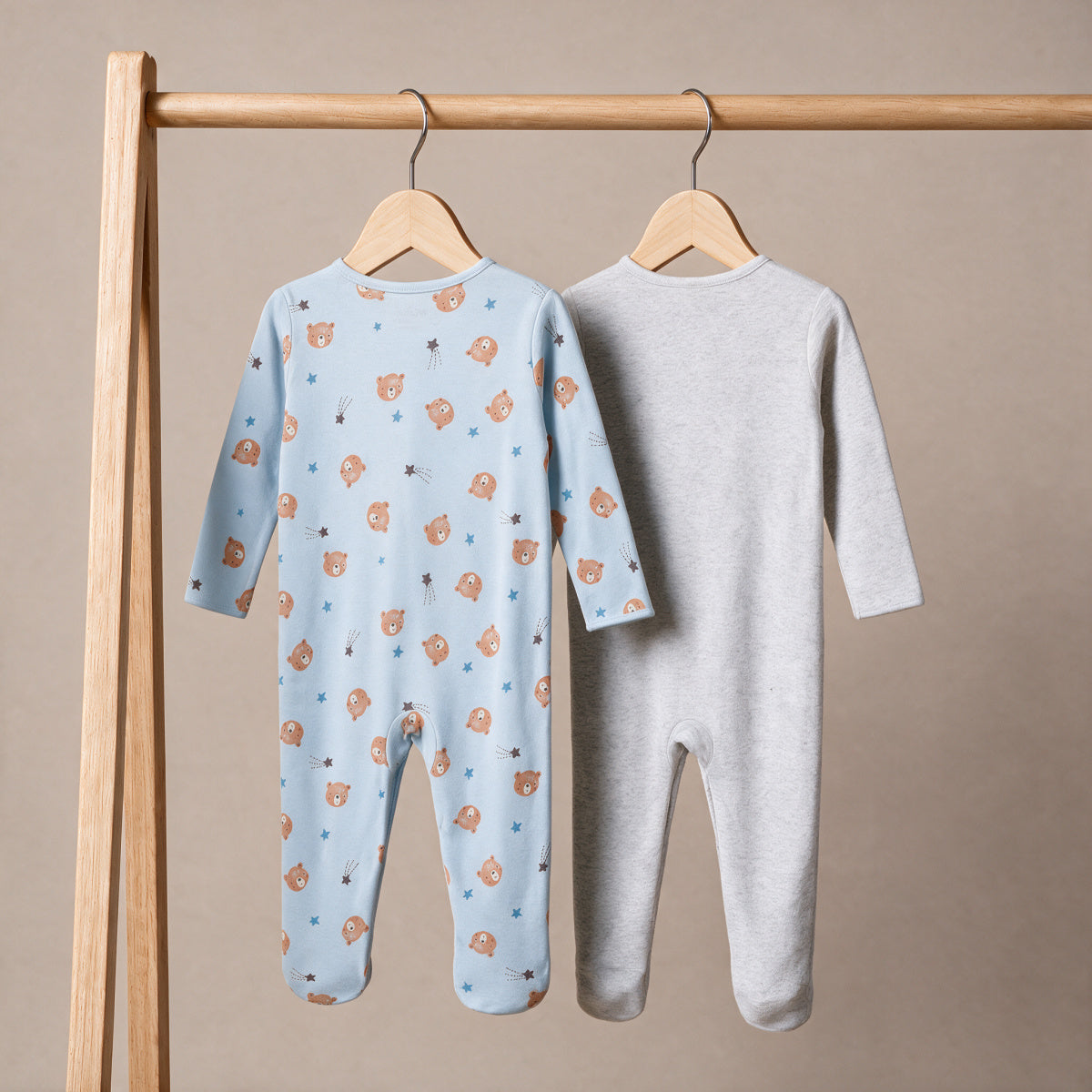 Teddy-Print Sleepsuit (Blue & Grey), 2Pack
