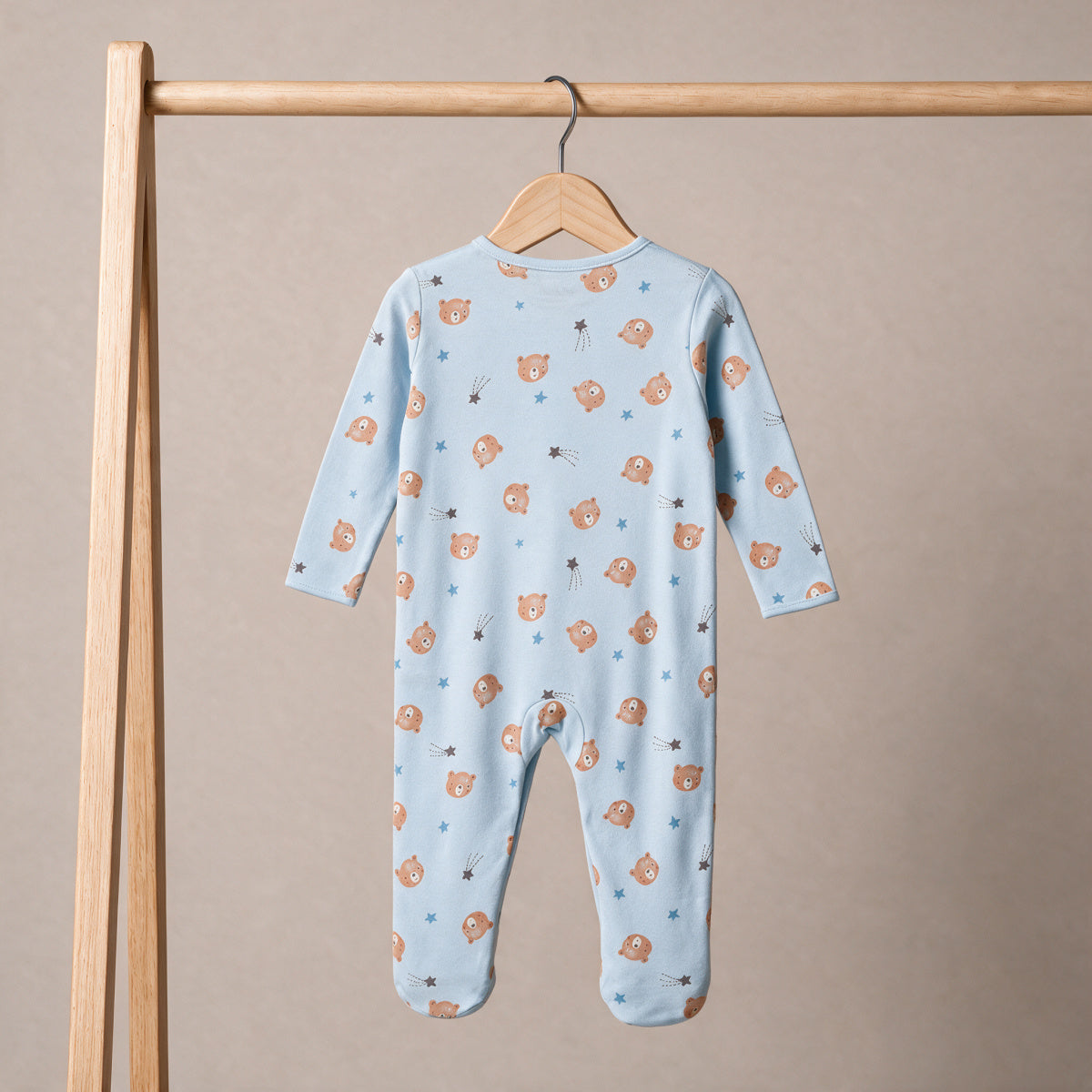 Teddy-Print Sleepsuit (Blue & Grey), 2Pack