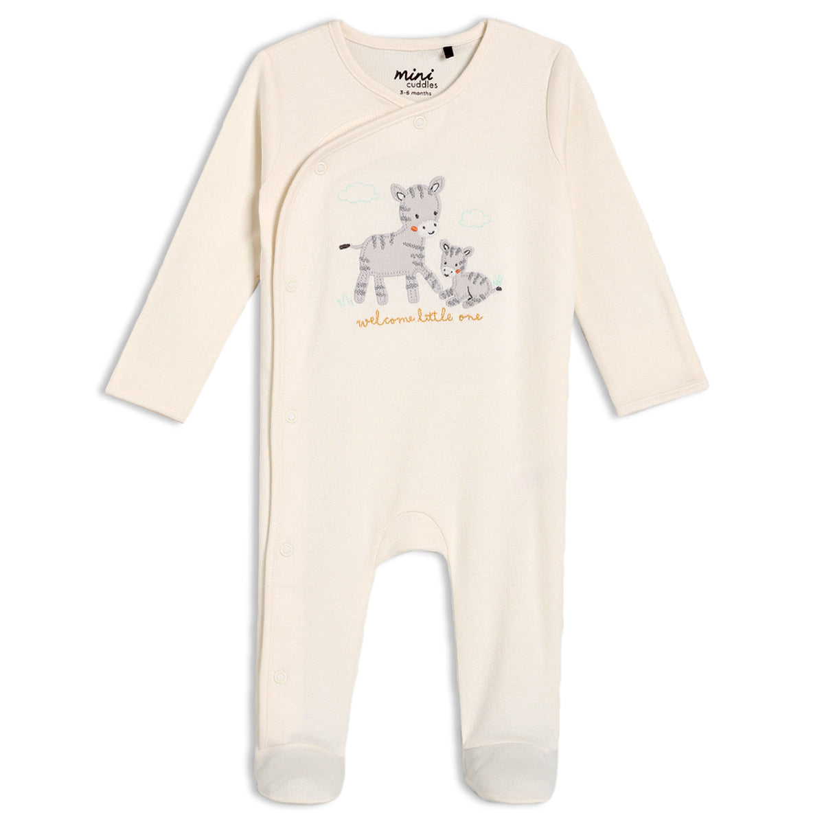 Baby Unisex Zebra Embroidered Sleepsuit, Cream