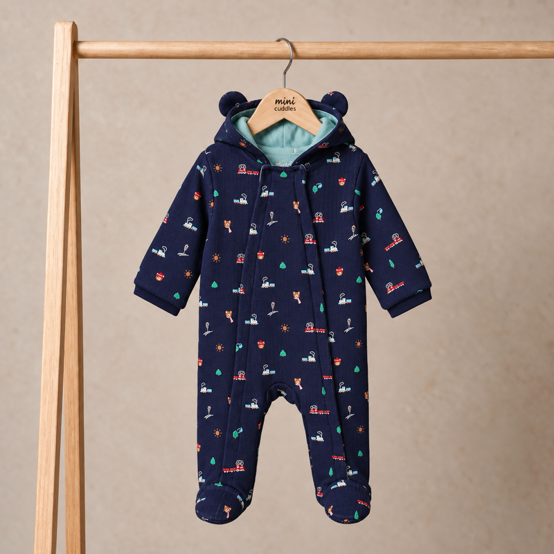 Baby Boys Novelty Printed Hooded Pram Suit, Navy Blue