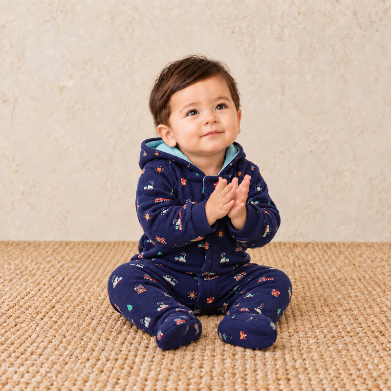 Baby Boys Novelty Printed Hooded Pram Suit, Navy Blue