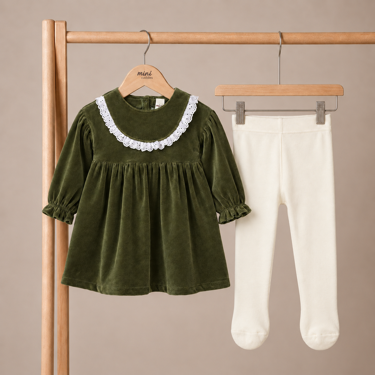Baby Girls Velour Dress With Tights, Green