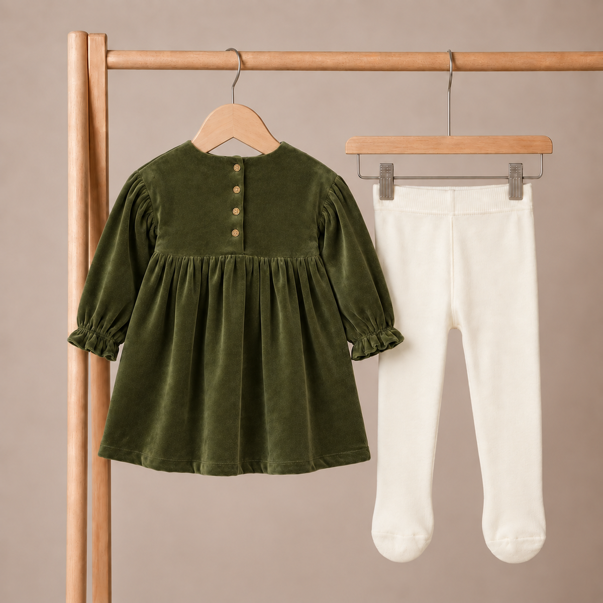 Baby Girls Velour Dress With Tights, Green