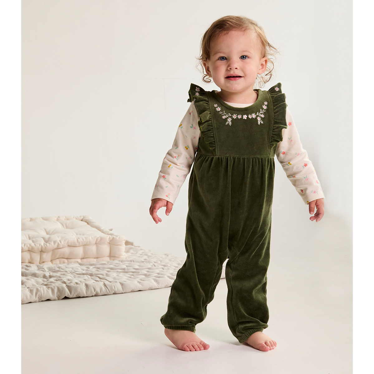 Baby Girls Floral Embroidered Dungaree 3pc Set, Green