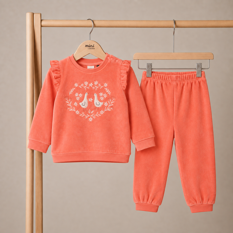Baby Girls Floral Embroidered 2pc Set, Peach
