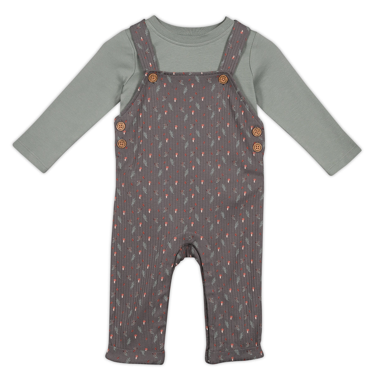 Baby Unisex Sprig Printed Dungaree 3pc Set, Multicolour