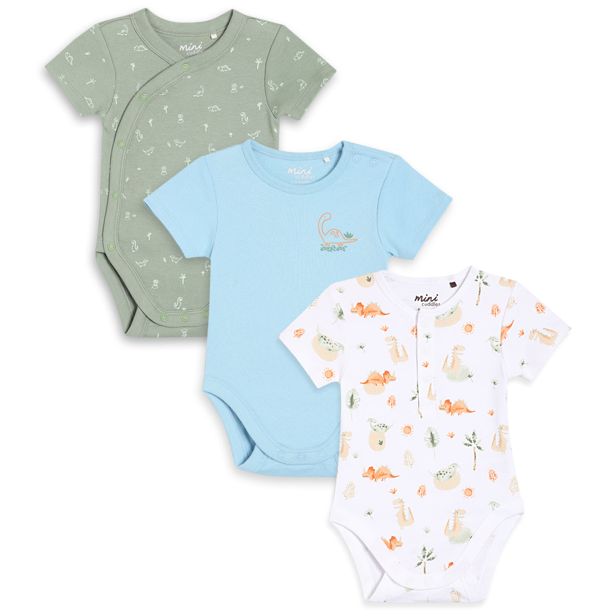Baby Boys 3pk Dinosaur Print Bodysuits, Multicolour