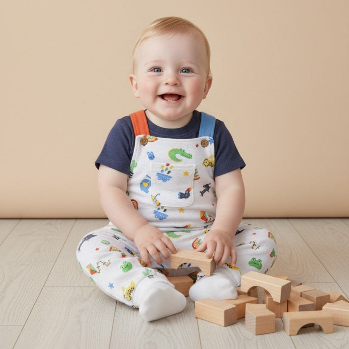 Baby Boys Animal & Rainbow Printed Dungaree Set, Multicolour