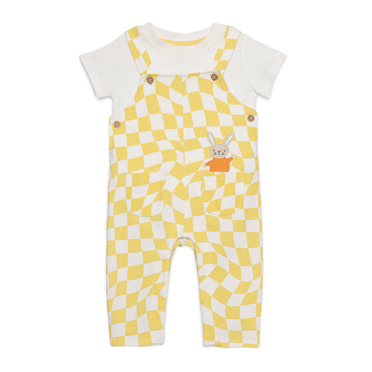 Baby Boys Checked Dungaree Set With Bunny Applique, Yellow