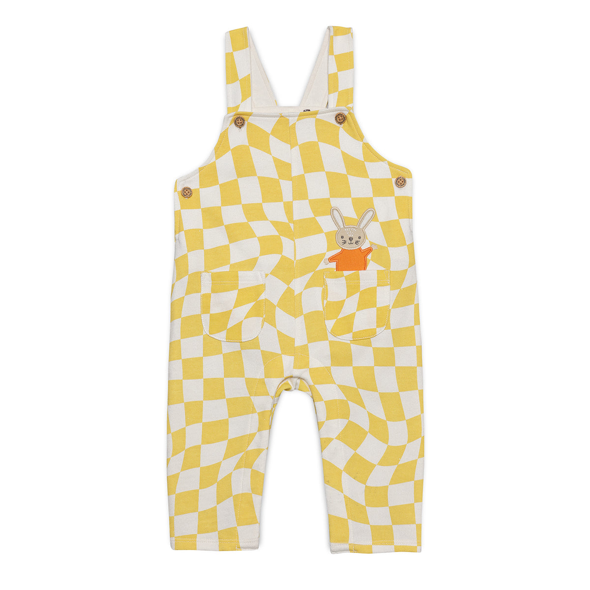 Baby Boys Checked Dungaree Set With Bunny Applique, Yellow