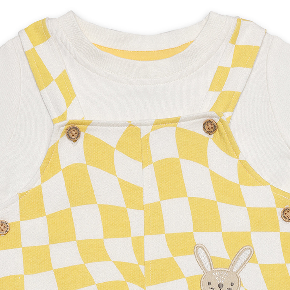 Baby Boys Checked Dungaree Set With Bunny Applique, Yellow