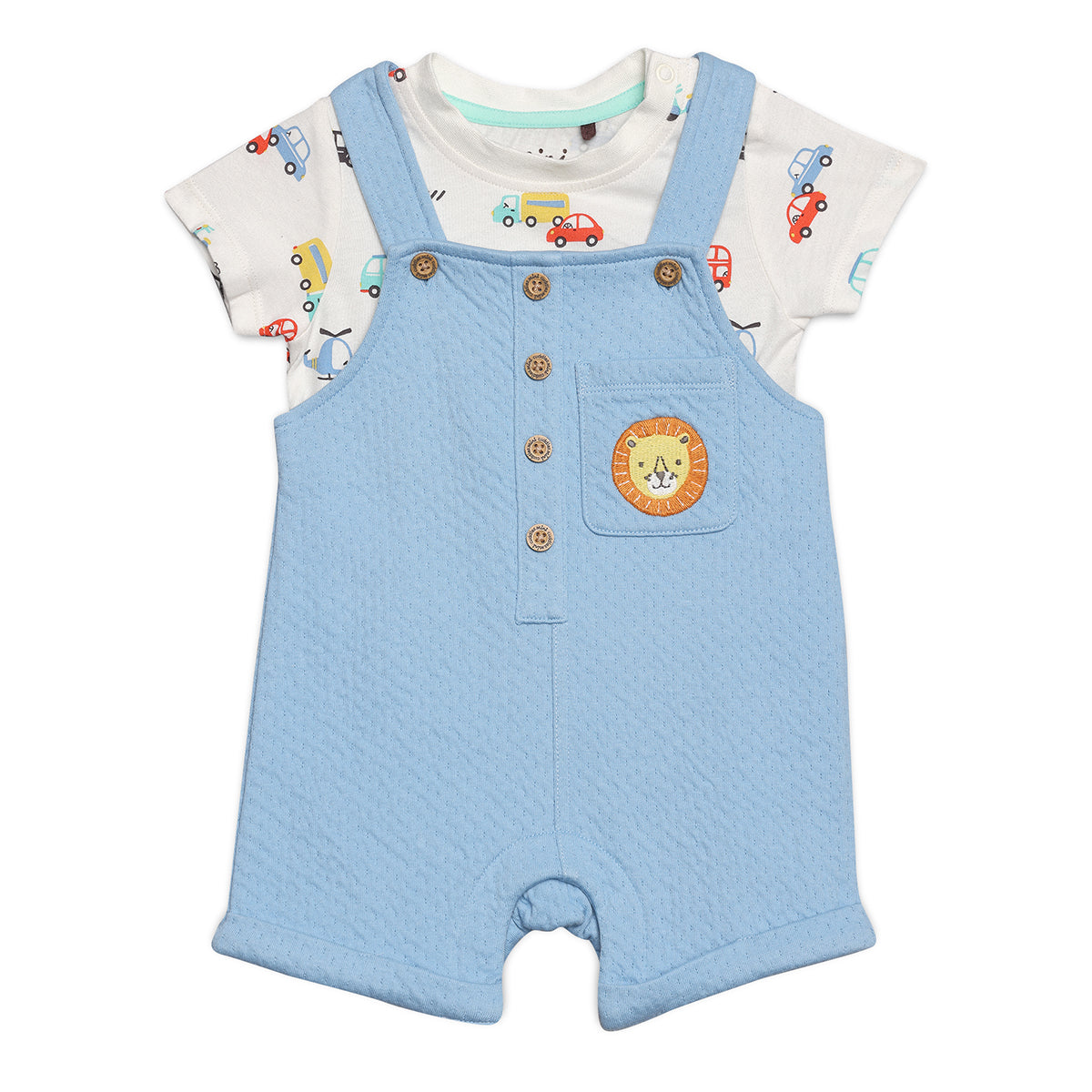 Baby Boys Lion Patch Dungaree Set With Matching Cap, Blue