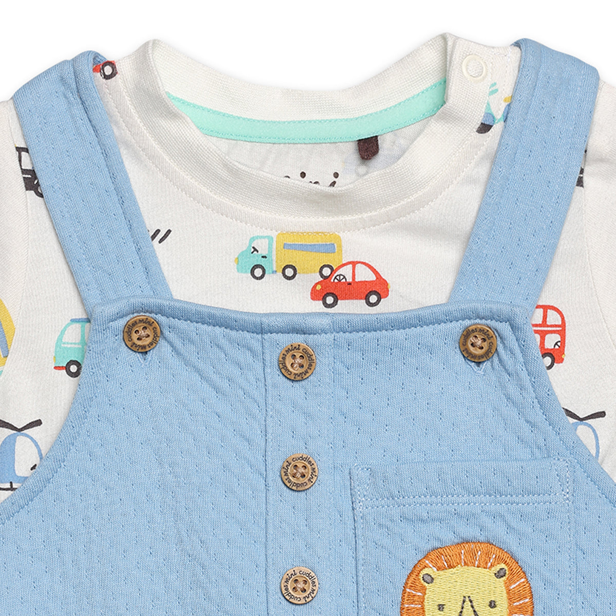 Baby Boys Lion Patch Dungaree Set With Matching Cap, Blue