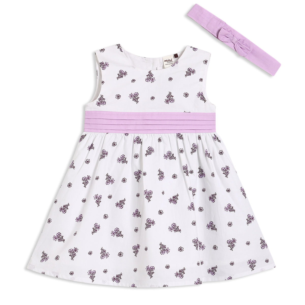Baby Girls Printed Dress With Headband, White