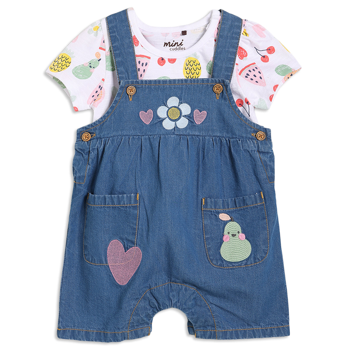 Baby Girls Fruit Print Dungaree 2pc Set , Multicolour