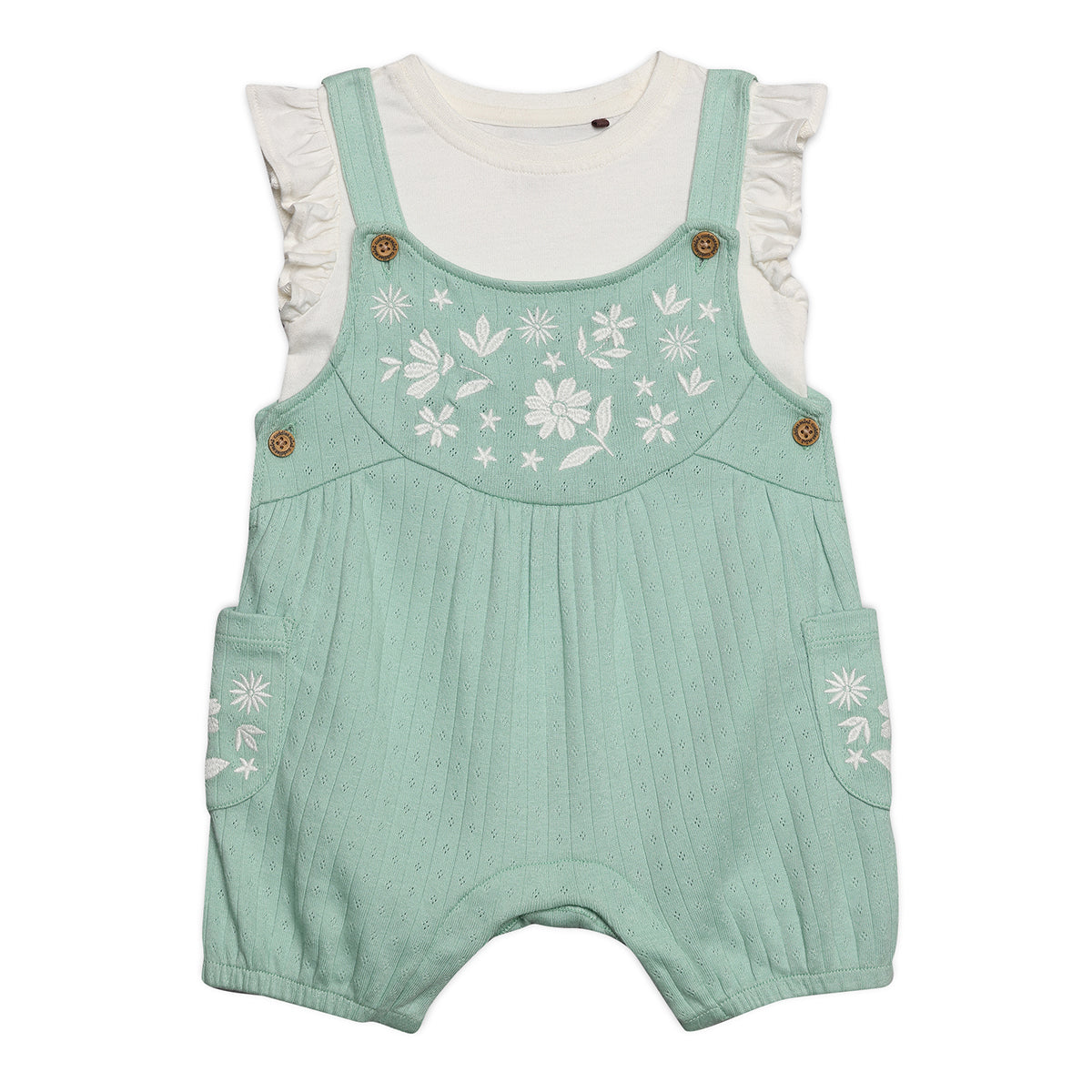 Baby Girls Floral Embroidered Dungaree Set, Mint Green