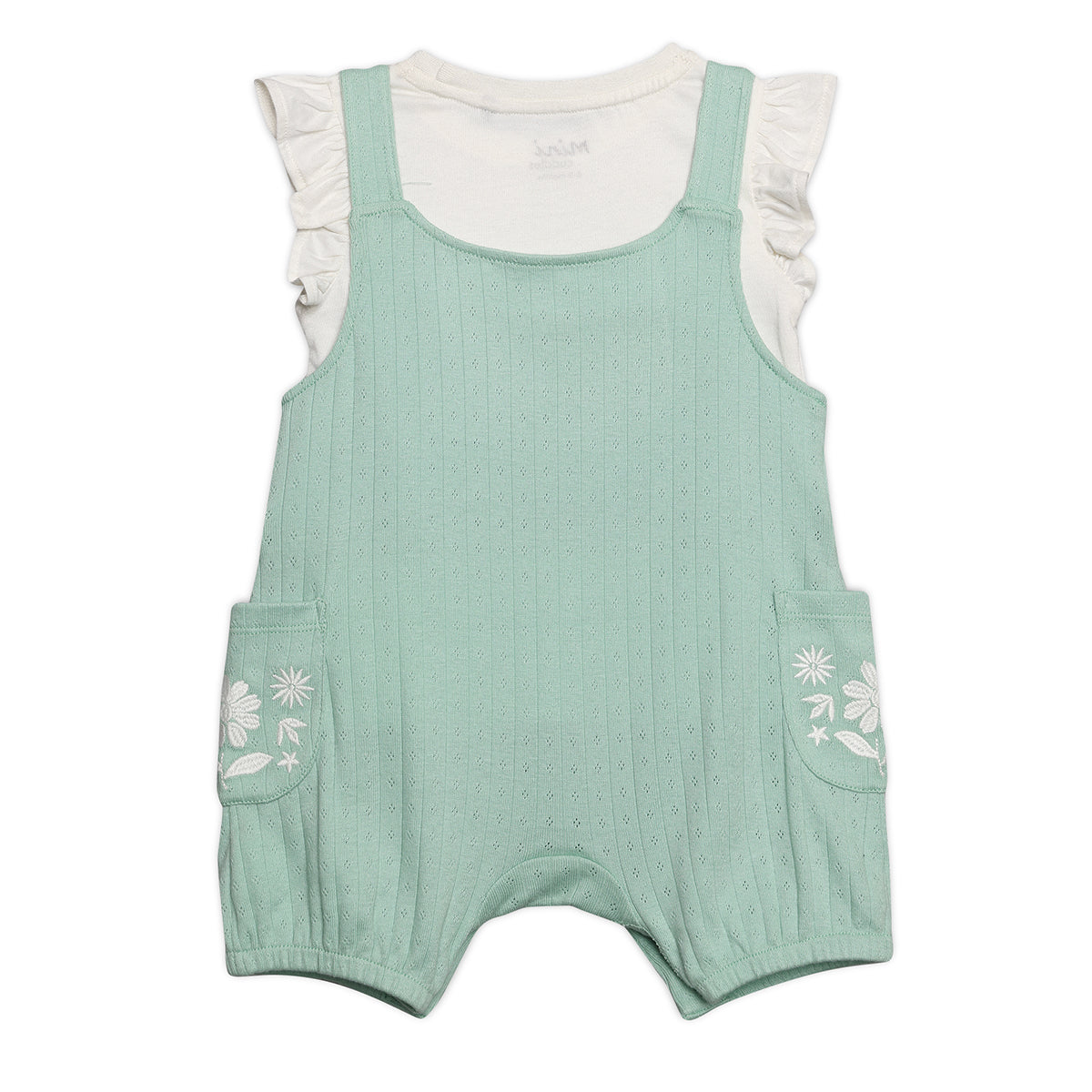 Baby Girls Floral Embroidered Dungaree Set, Mint Green