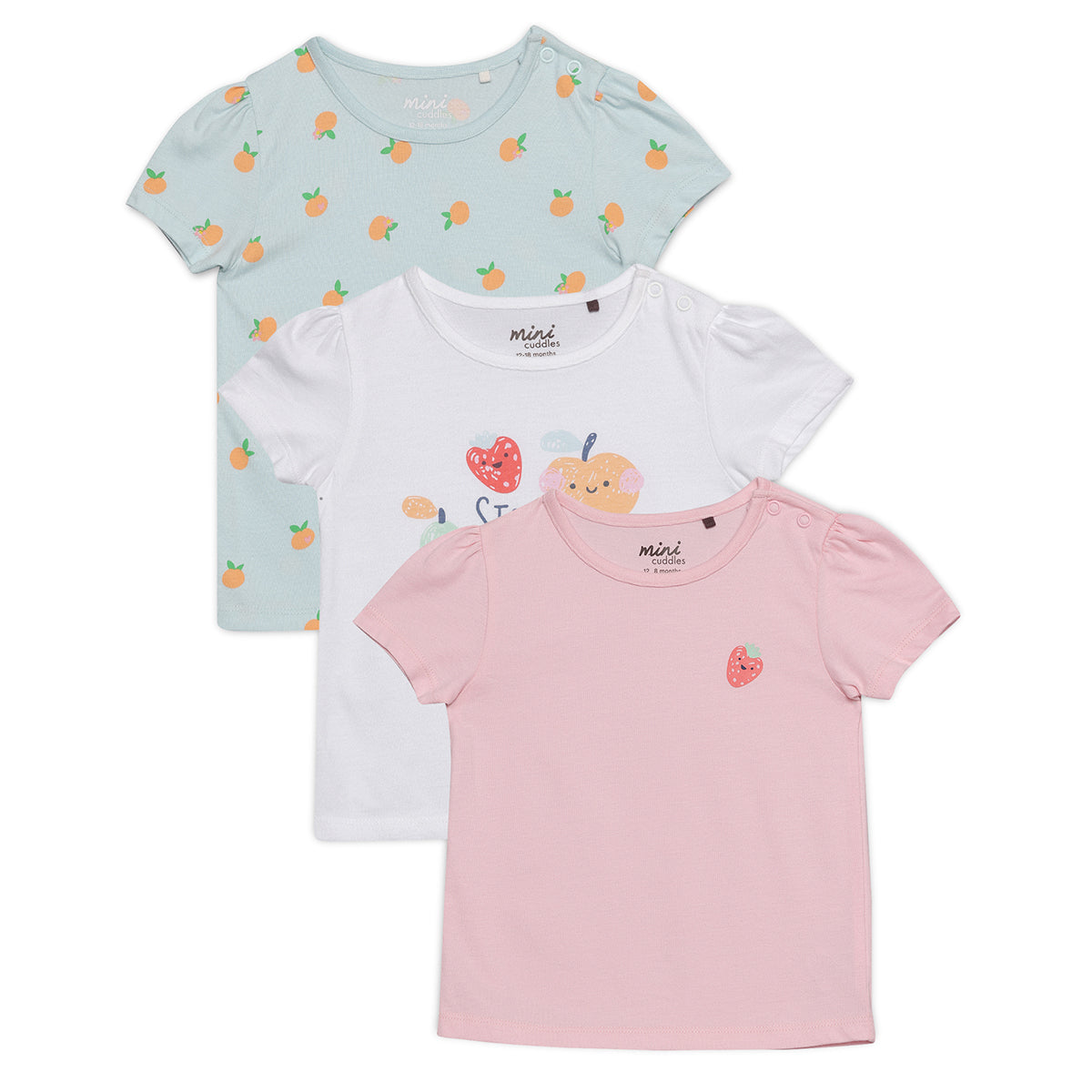 Baby Girls 3pk Fruit Print And Solid Tops, Multicolour