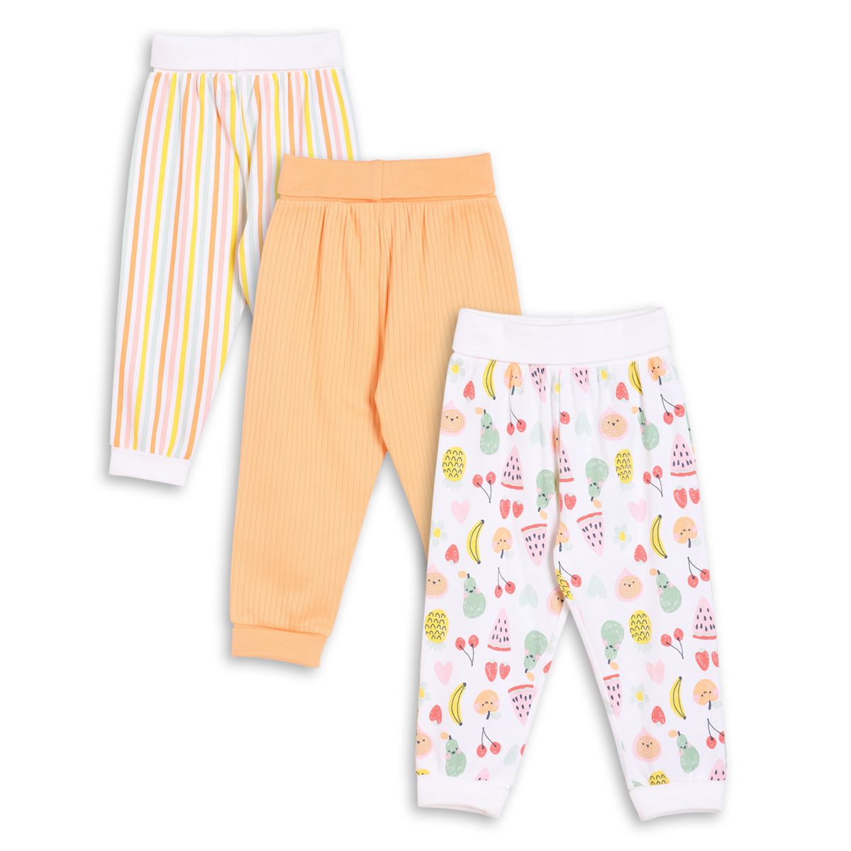Baby Girls 3pk Fruits Print, Solid And Striped Leggings, Multicolour