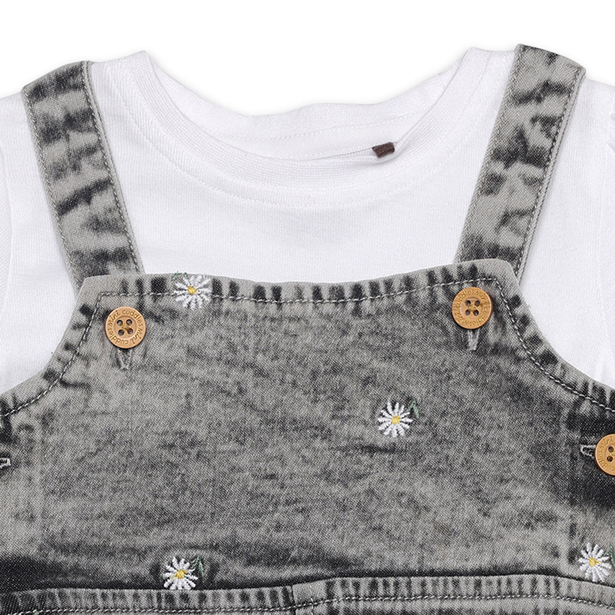Baby Girls Daisy Embroidered Denim Pinny Set, Grey