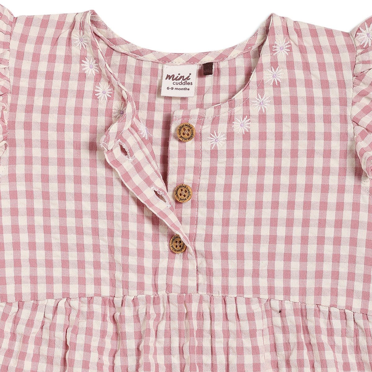 Baby Girls Checked Romper With Daisy Embroidery, Pink