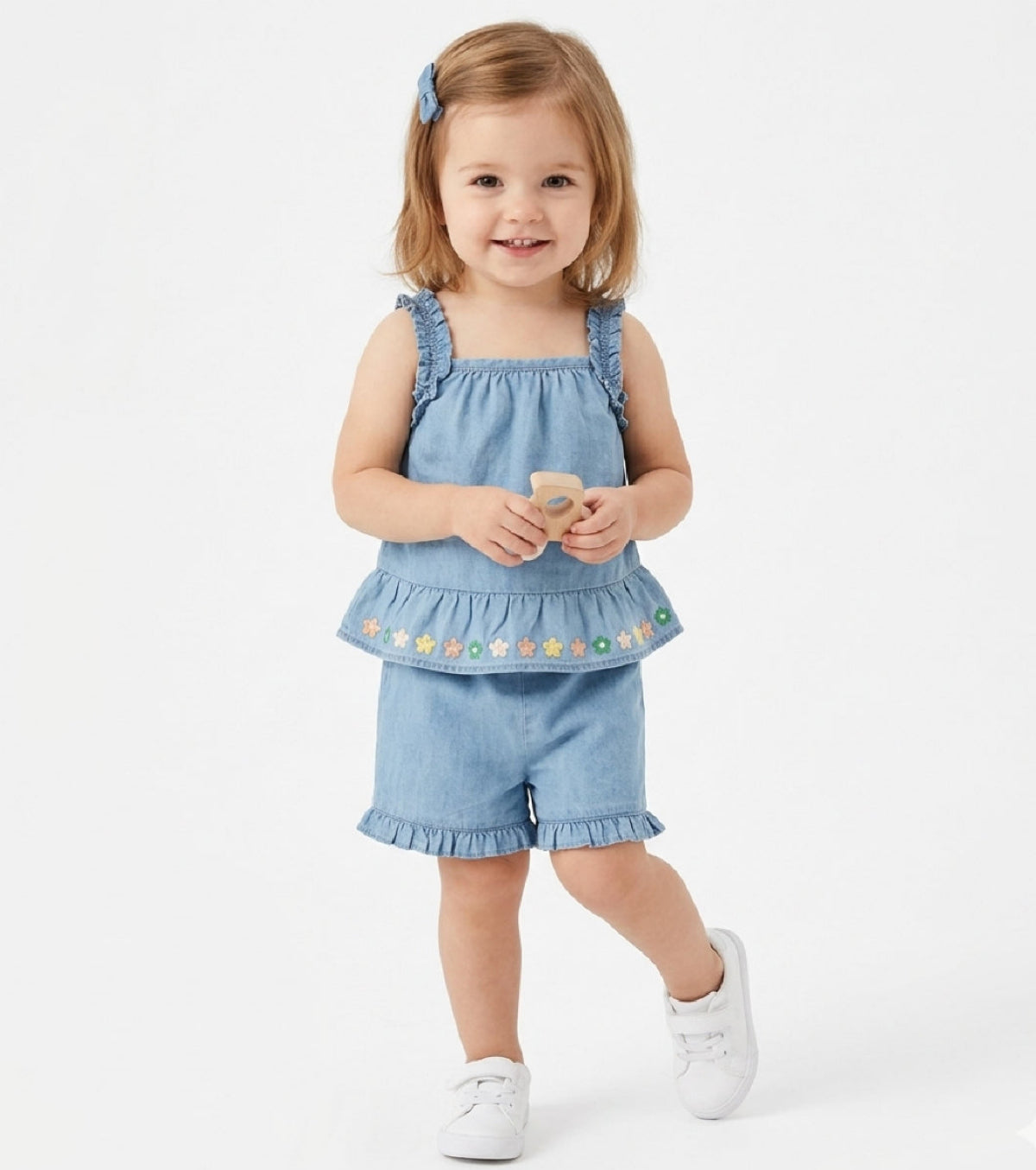 Baby Girls Floral Embroidered 2pc Set, Blue