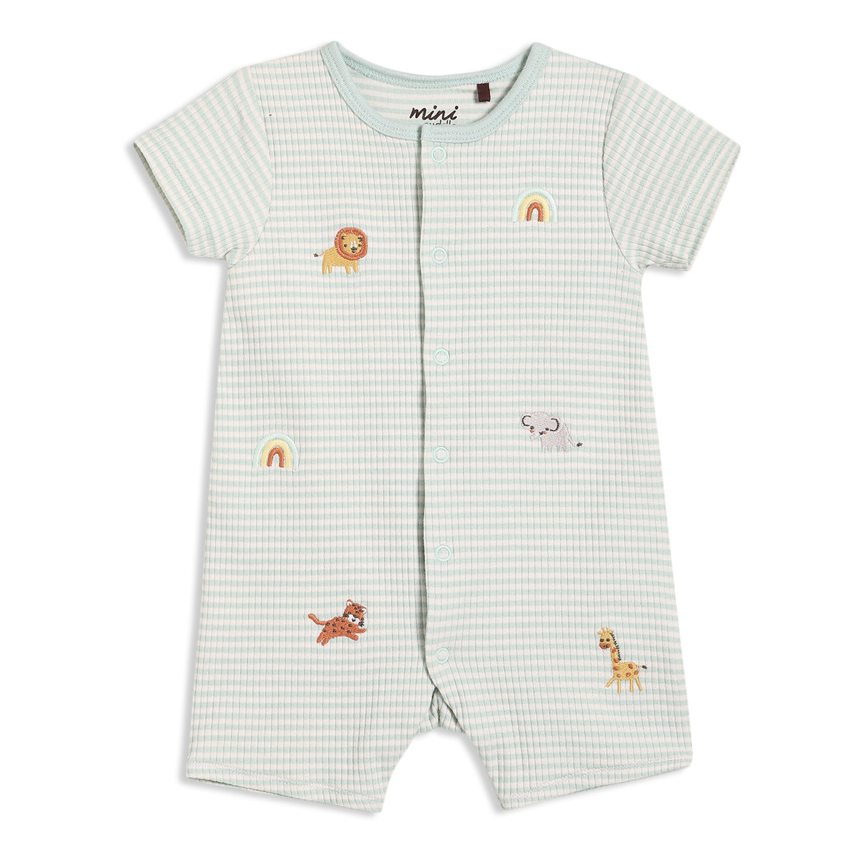 Baby Unisex Animal Embroidered Romper, Mint