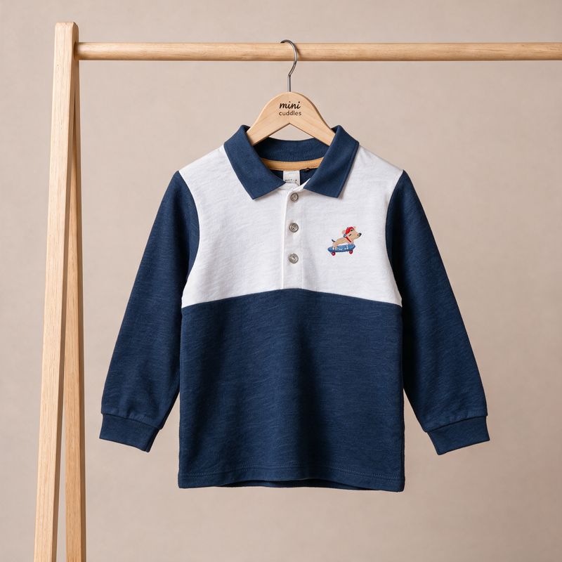 Baby Boys Colourblock Embroidered Polo T-Shirt, Navy Blue & White