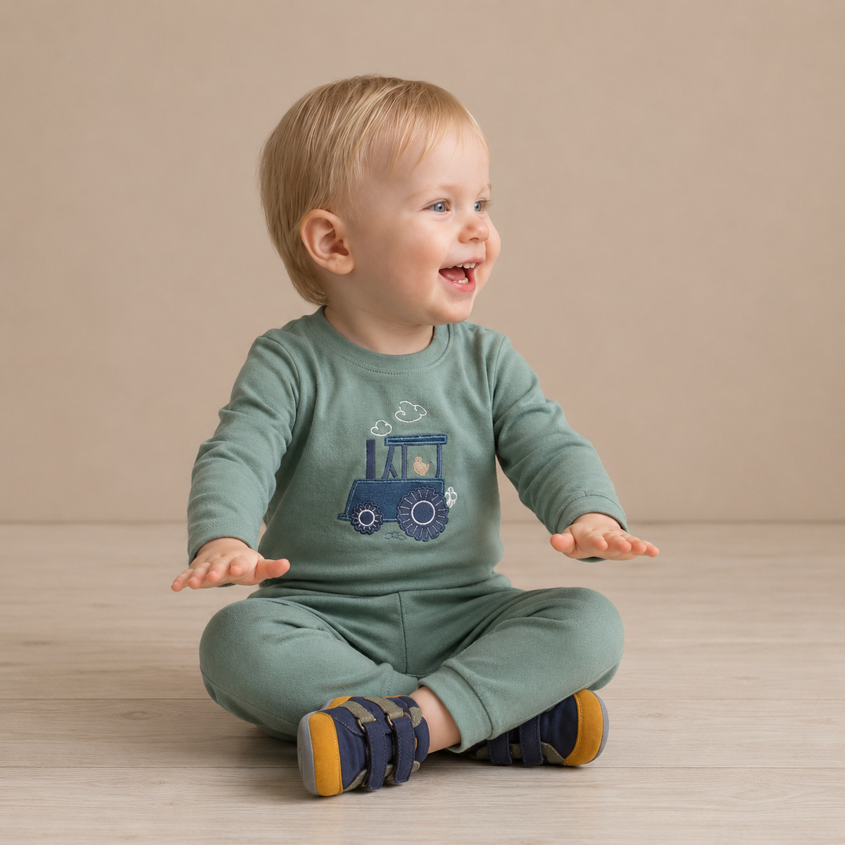 Baby Boys Cotton Tractor Embroidered Full Sleeve T-Shirt and Joggers Set, Green