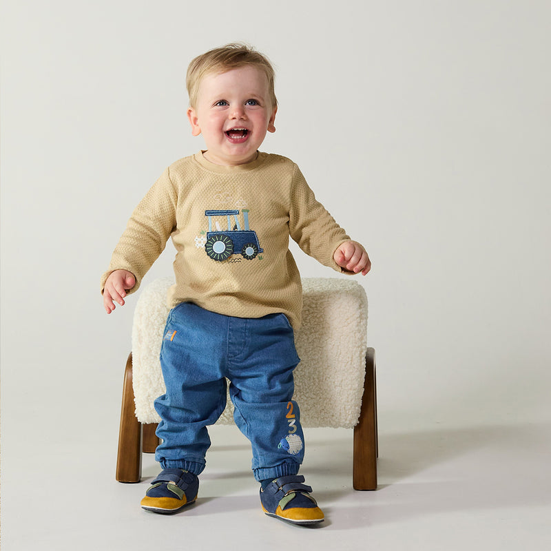 Baby Boys Tractor Embroidered T-Shirt, Beige