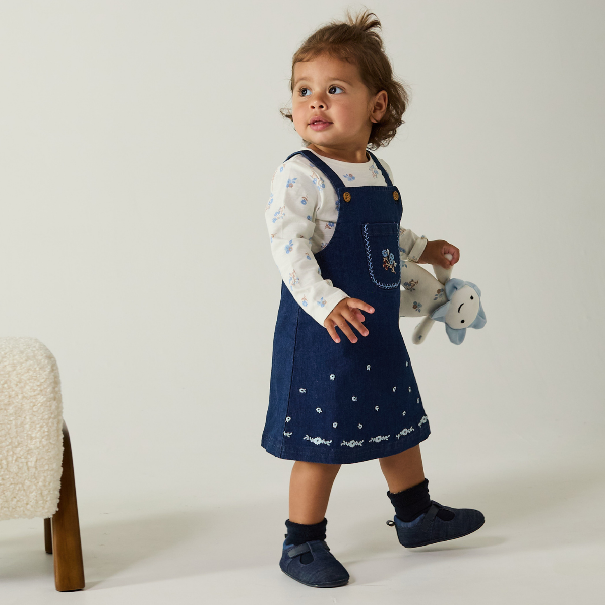 Baby Girls Floral Top and Embroidered Denim Pinny Set, Dark Wash Blue