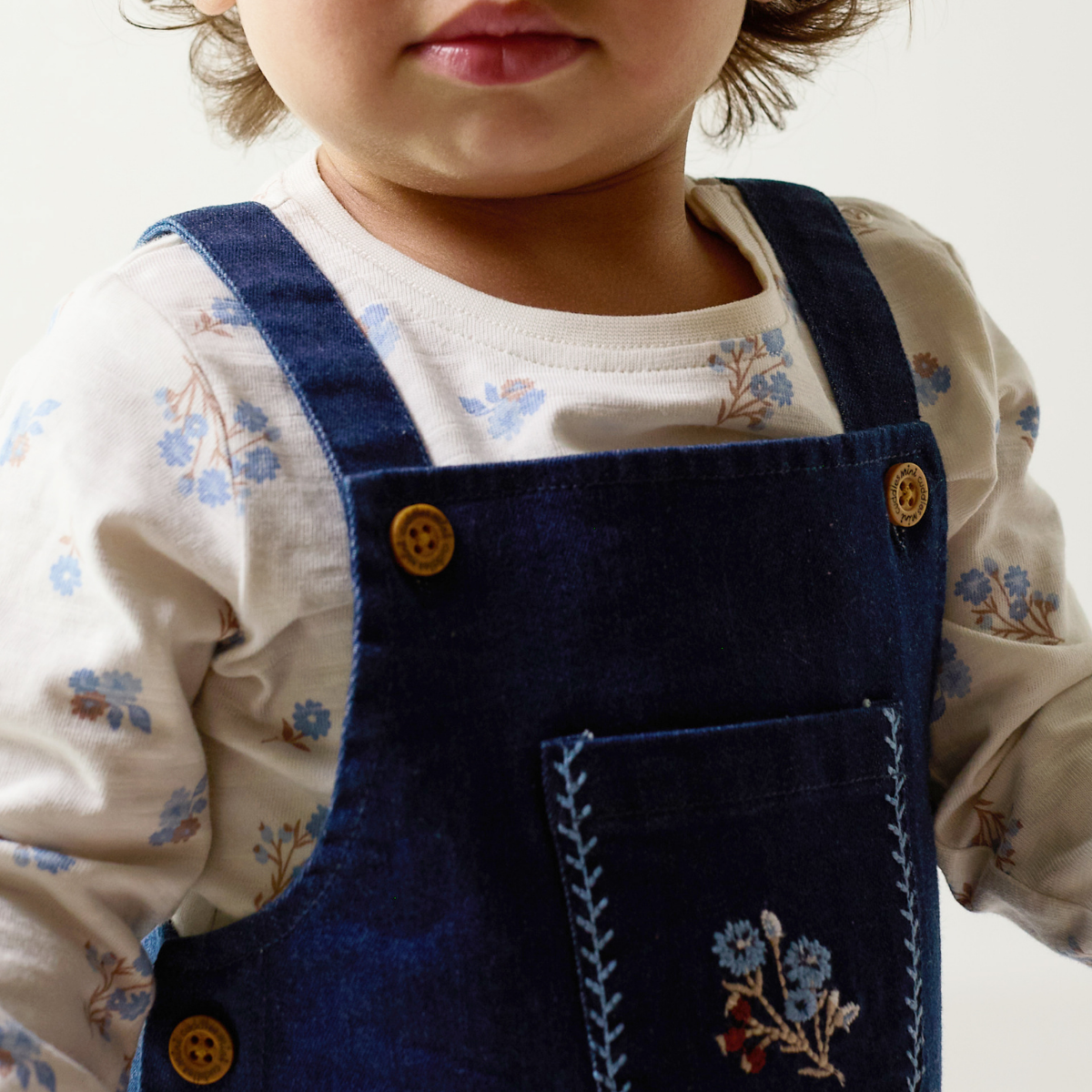Baby Girls Floral Top and Embroidered Denim Pinny Set, Dark Wash Blue