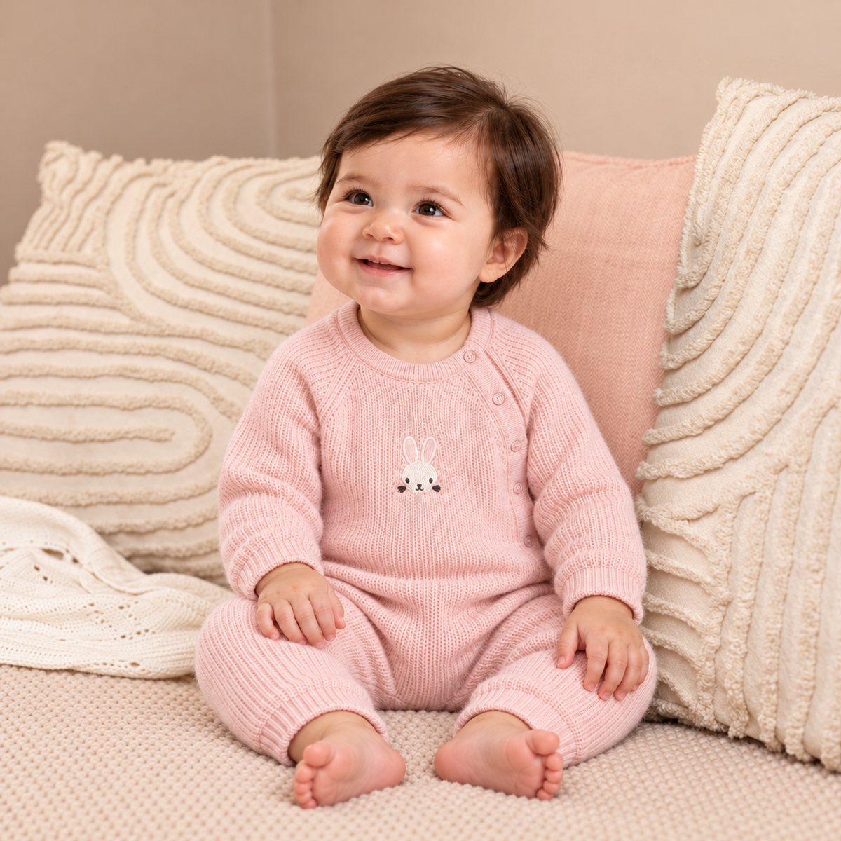 Rabbit-Embroidered Romper (Pink)