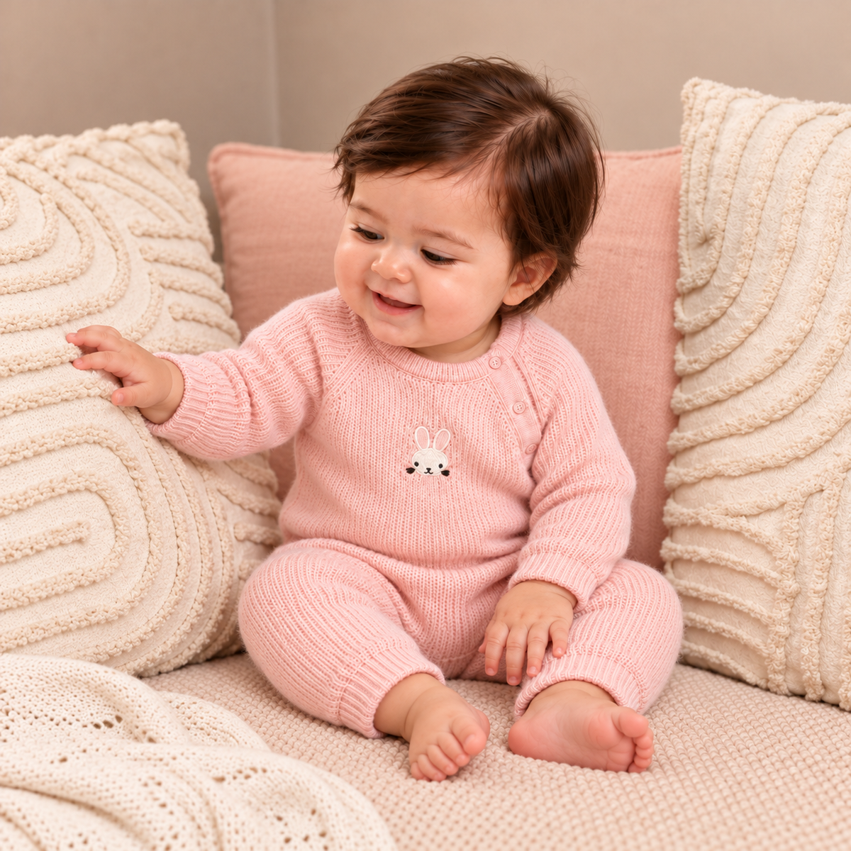 Rabbit-Embroidered Romper (Pink)