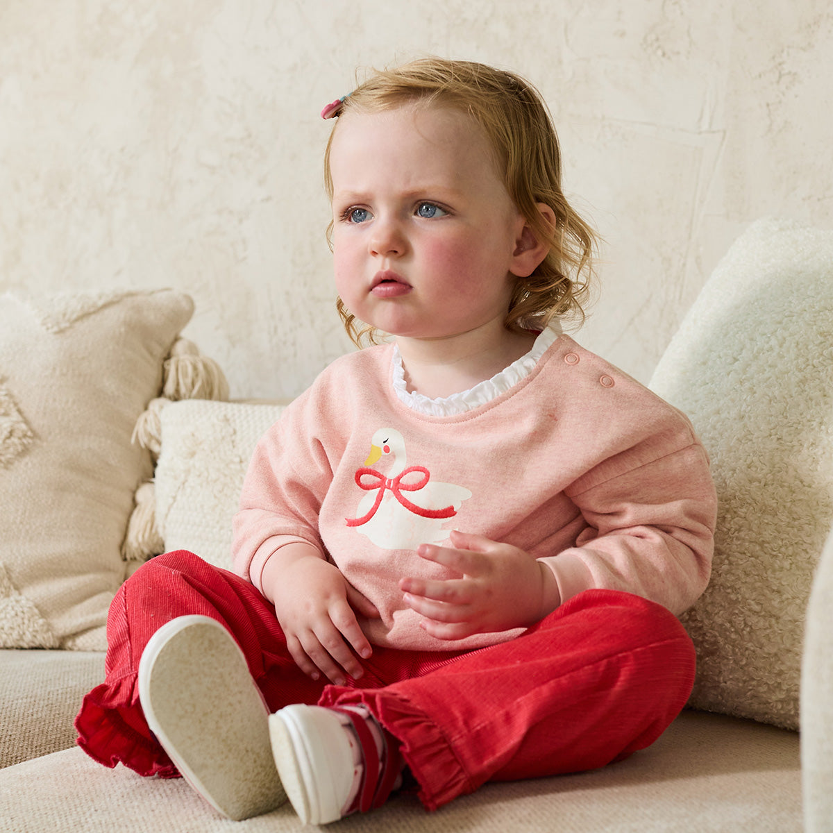 Baby Girls Soft Cotton Swan Graphic Sweatshirt with Frilled Neck, Pink Marl