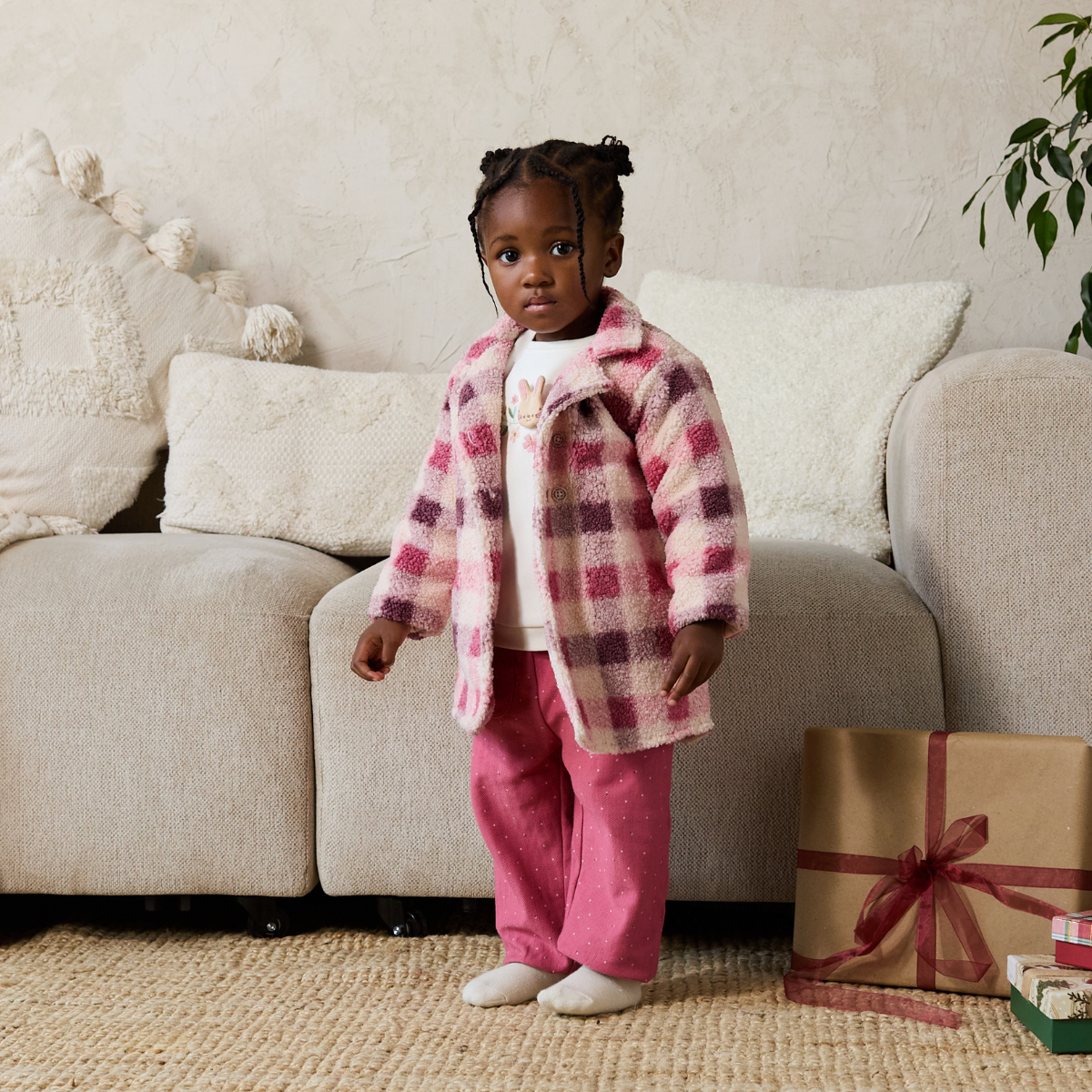 Baby Girls Checked Long Coat, Pink, Cream and Plum