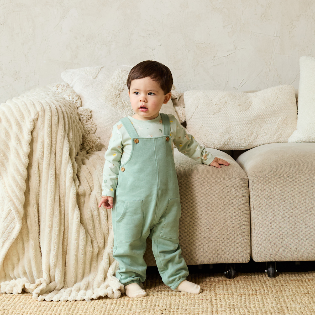 Baby Unisex Animal Printed Top & Dungaree Set, Sage Green