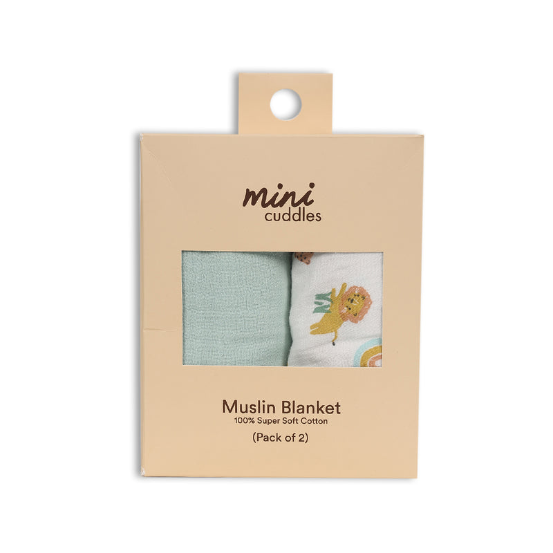 Baby Unisex 2pk Solid & Animal Printed Muslins, Multicolour