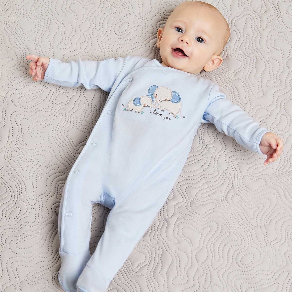 Baby Boys Elephant Embroidered Sleepsuit, Blue