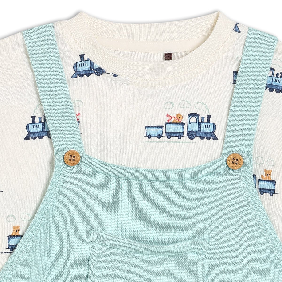 Baby Boys Knitted Dungaree 2pc Set, Turquoise Blue - Minicuddles