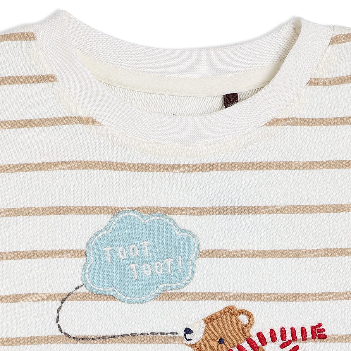 Baby Boys Striped & Teddy Embroidered T-Shirt, White - Minicuddles