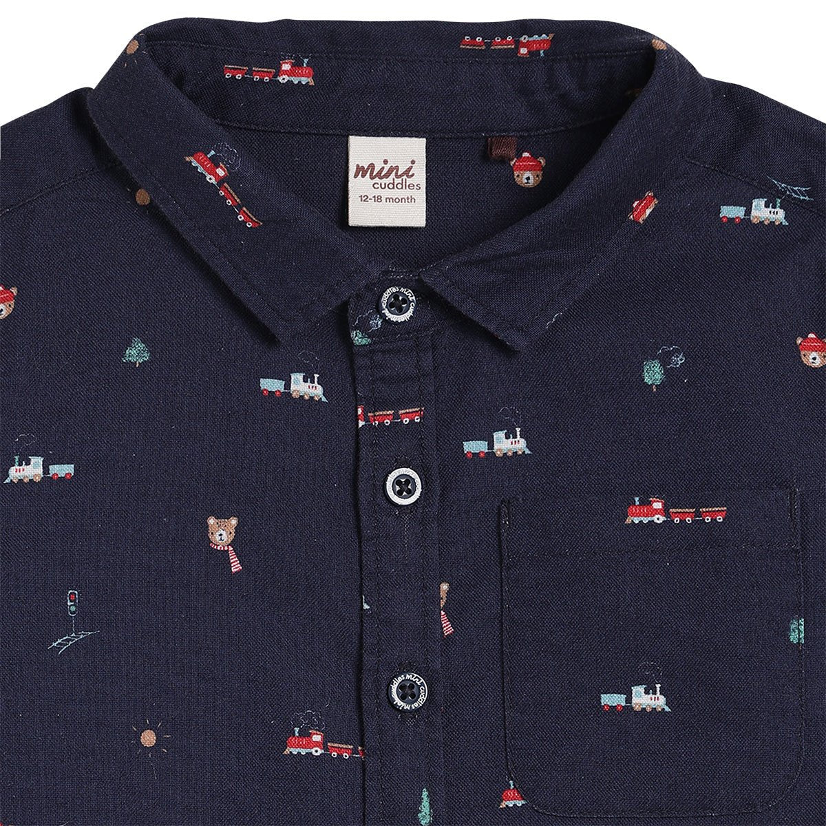 Baby Boys Train Printed Shirt, Navy Blue - Minicuddles