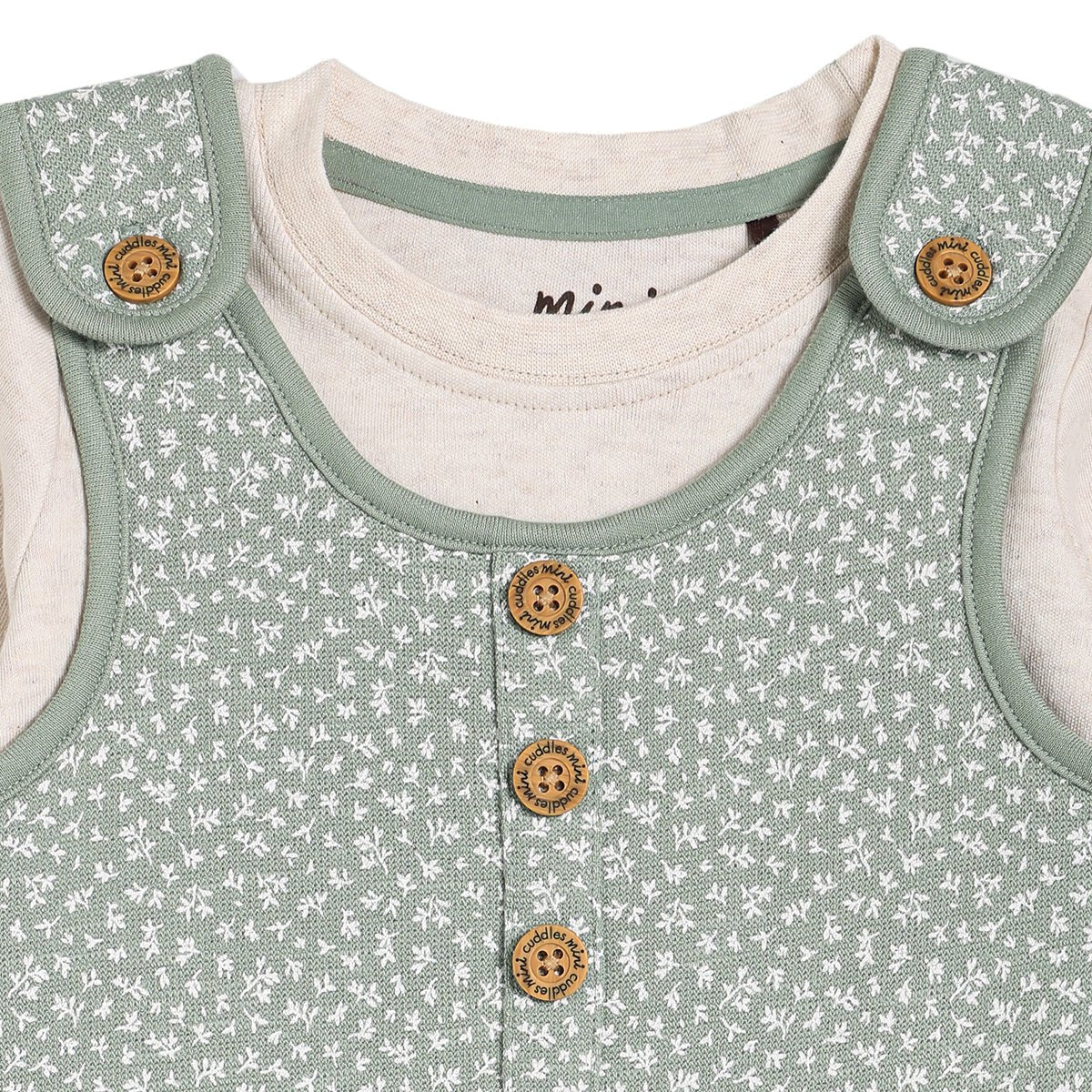 Baby Unisex Sprig Printed Dungaree 2pc Set, Multicolour - Minicuddles