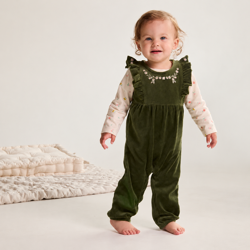 Baby Girls Floral Embroidered Dungaree 3pc Set, Green