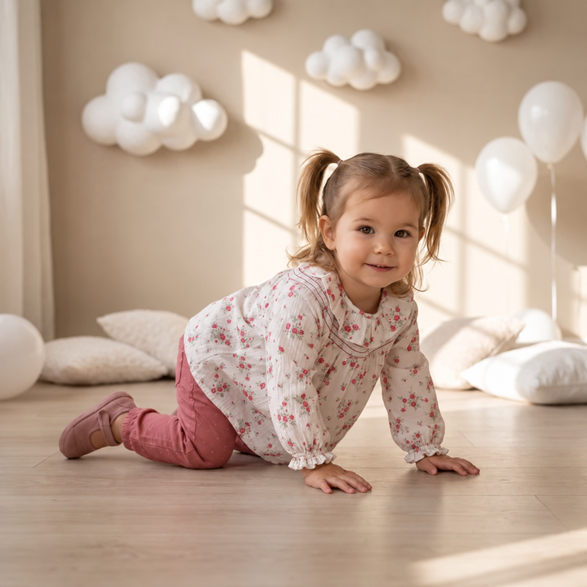 Baby Girls Floral Printed Ruffle Collar Top, Cream