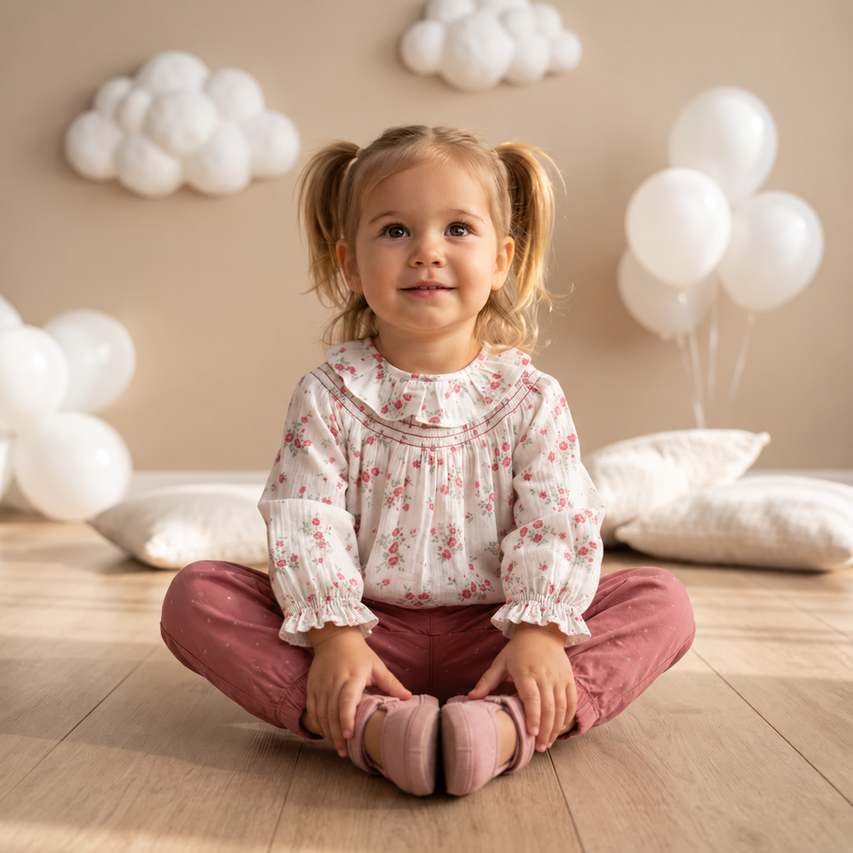 Baby Girls Floral Printed Ruffle Collar Top, Cream